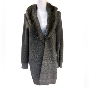Chicos long grey cardigan with faux fur collar.  Size 1 (runs large).